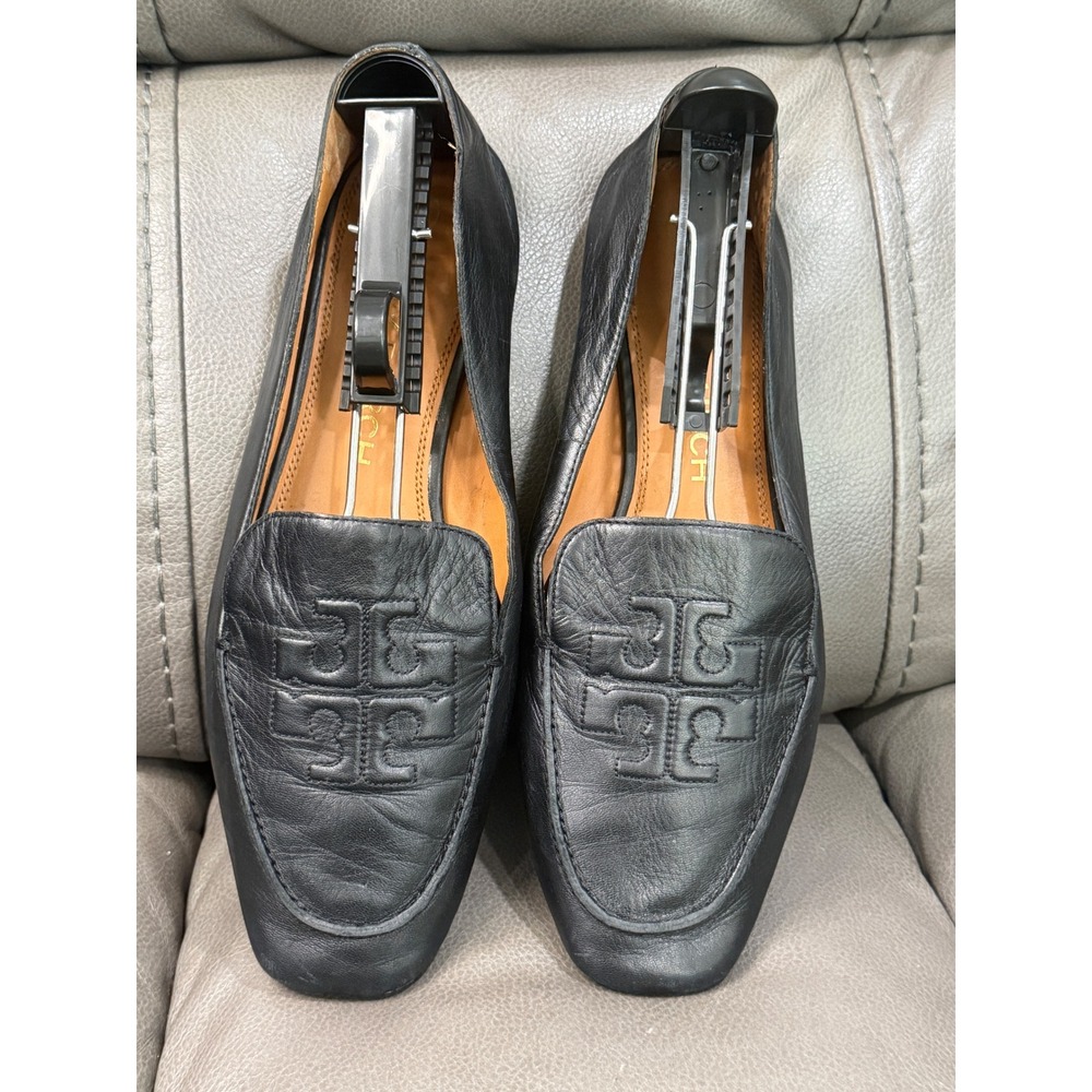 Tory Burch Black Leather Square Toe Loafers Gold Chain Heel Double T Logo 10.5M